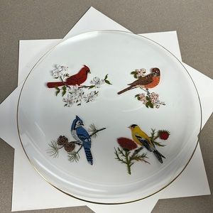Hand painted Glass Bird Plate 12” round with gold rim